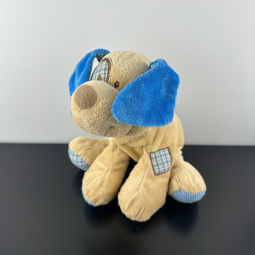 Baby Ganz Rare Puppy 12” Beige Dog Blue Eye Patch Rattle Plush Stuffed Animal